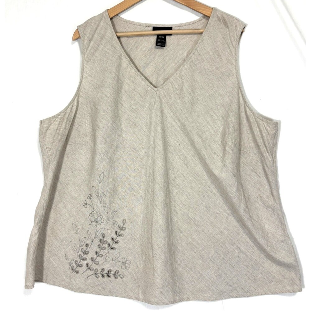 Lane Bryant Linen Blend Tank Top‎ Sz 26/28 Beige Floral Embroidery With Cut-outs